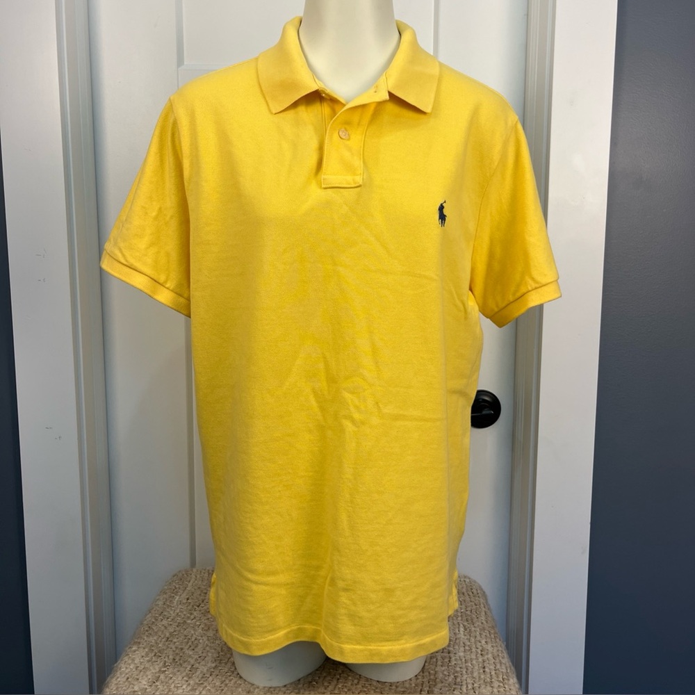 Polo Ralph Lauren‎ Polo Shirt Mens Size Large Yellow Navy Pony Short Sleeve EUC